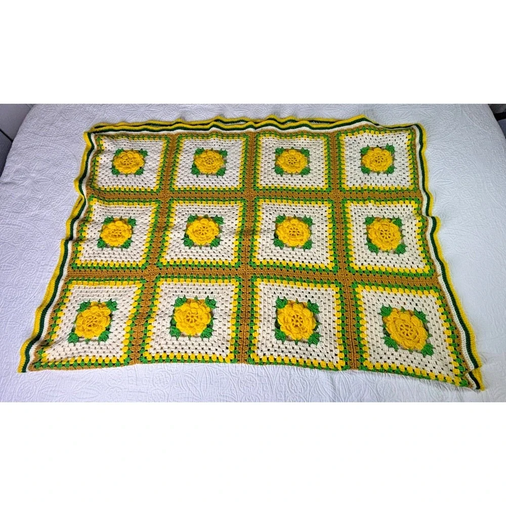 Vintage 70s Hand Crooked Granny Square Afghan Blanket 3D Yellow Flower Rose 48x7